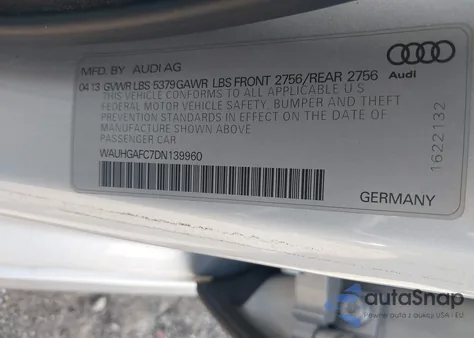 2013 Audi A6 3.0T Premium из США, поврежденный, VIN WAUHGAFC7DN139960